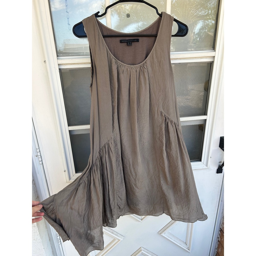 Katherine Barclay‎ Taupe 100% Silk Handkerchief Hem Dress Small S Quiet Luxury